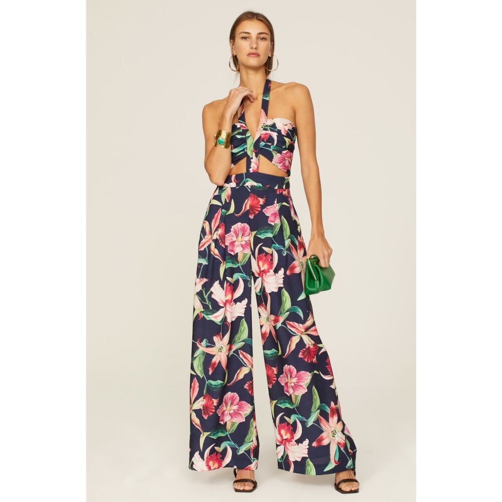 PatBo Laelia Jumpsuit Navy Floral Halter Wide Leg Formal Maxi Jumpsuit Size 2